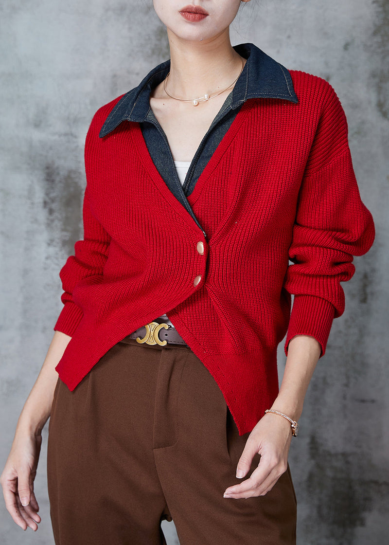 Boutique Red Peter Pan Collar Patchwork Knit Fake Two Piece Pullover Winter