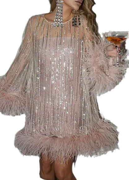 Light Pink Fluffy Sequins Patchwork Tulle Mid Dress Spring