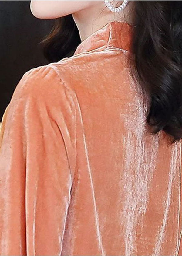 Classy Orange V Neck Patchwork Silk Velour Shirt Top Long Sleeve