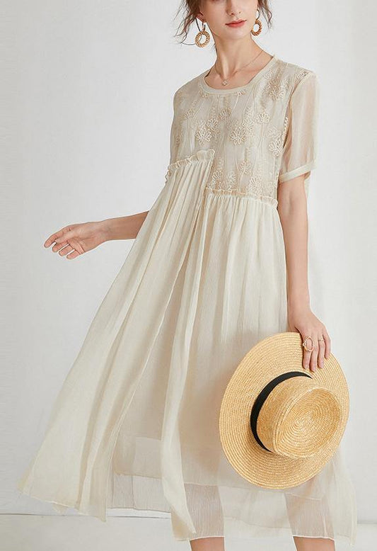 Beige Print Chiffon Asymmetrical Design Summer Maxi Dresses