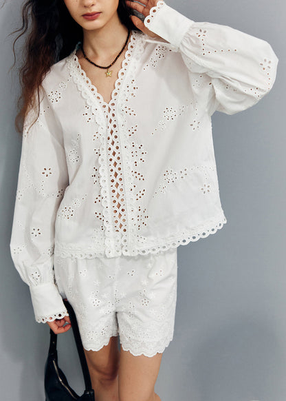 New White V Neck Hollow Out Shirts and Shorts Cotton Two Pieces Set Fall