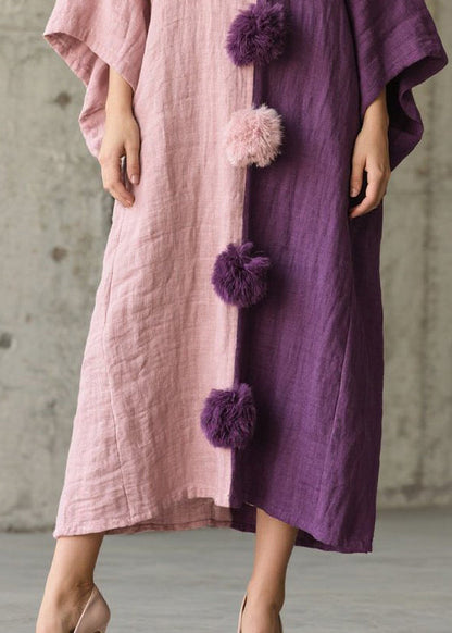 Art Asymmetrical Patchwork Fuzzy Ball Decorated Vacation Dresses Batwing Sleeve