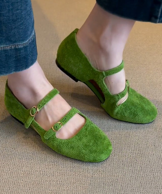Buckle Strap Splicing Flat Feet Shoes Green Suede