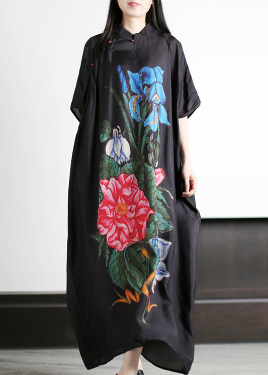 Black Stand Collar Asymmetrical Blue Print Silk Loose Dress Batwing Sleeve