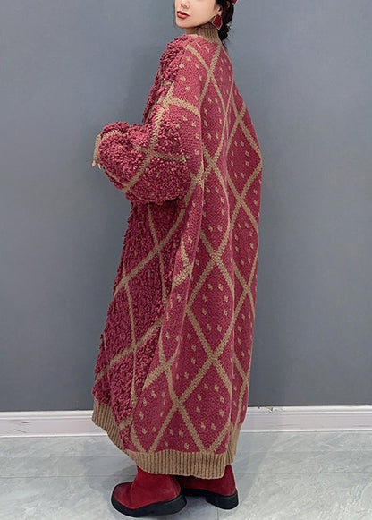 Red O Neck Plaid Patchwork Cotton Knit Dresses Long Sleeve