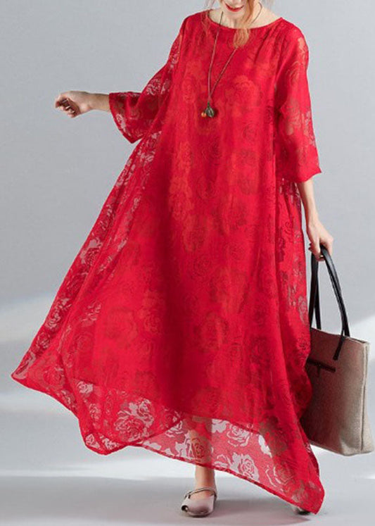 Red Lace Vacation Dress Hollow Out Asymmetrical Bracelet Sleeve