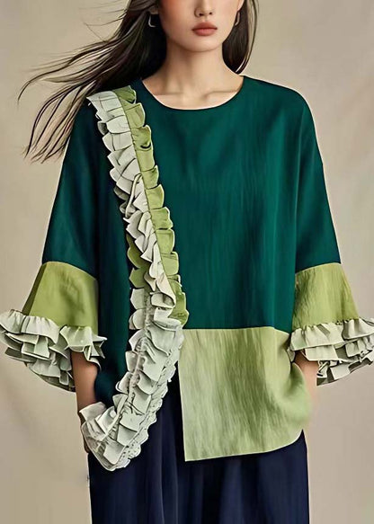 Unique Green Ruffled Front Open Cotton Top Flare Sleeve Spring