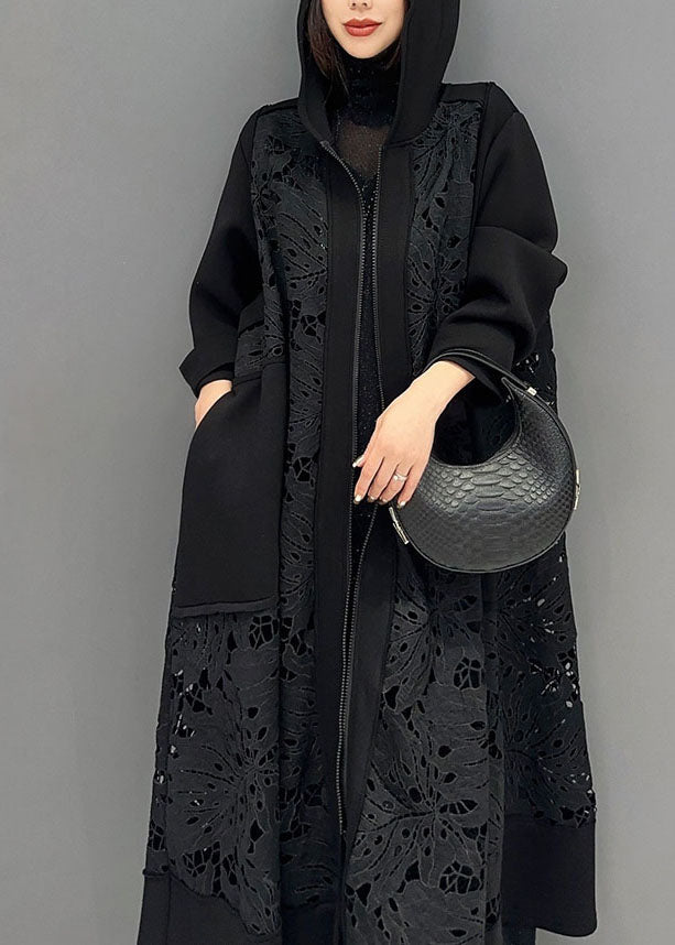 Black Pockets Hollow Out Maxi Hooded Trench Coats Long Sleeve Fall