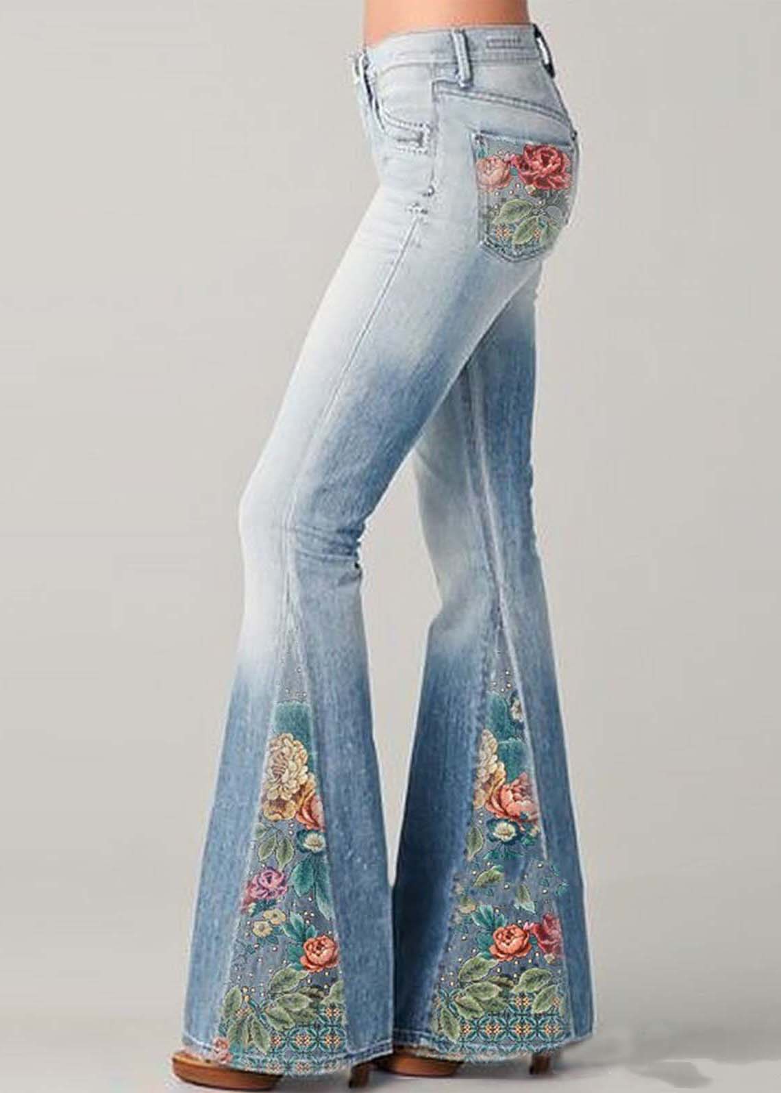 Blue High Waist Patchwork Print Denim Flare Bottoms Summer