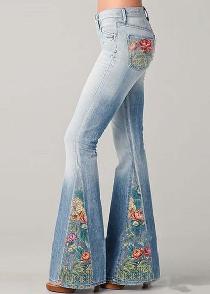 Blue High Waist Patchwork Print Denim Flare Bottoms Summer