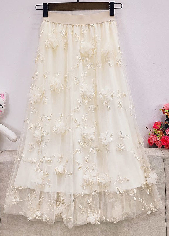Simple Pink Embroideried Tulle Maxi Skirt Summer
