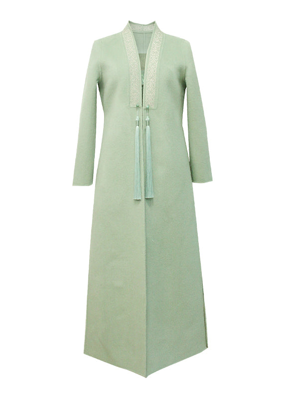 Light Green Tasseled Pockets Side Open Woolen Coat Fall