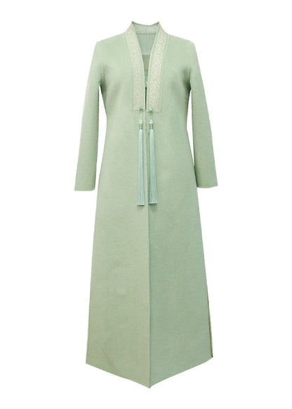 Light Green Tasseled Pockets Side Open Woolen Coat Fall