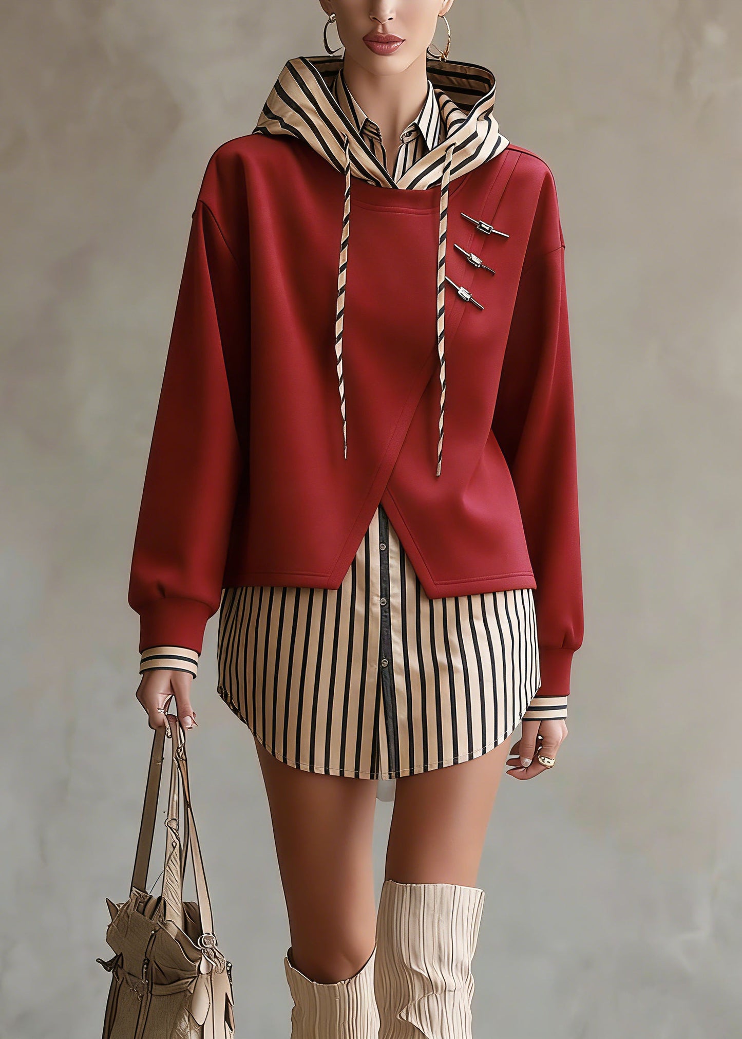 Unique Red Hooded Patchwork False Two Pieces Cotton Top Fall