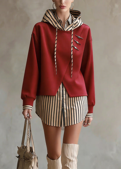Unique Red Hooded Patchwork False Two Pieces Cotton Top Fall