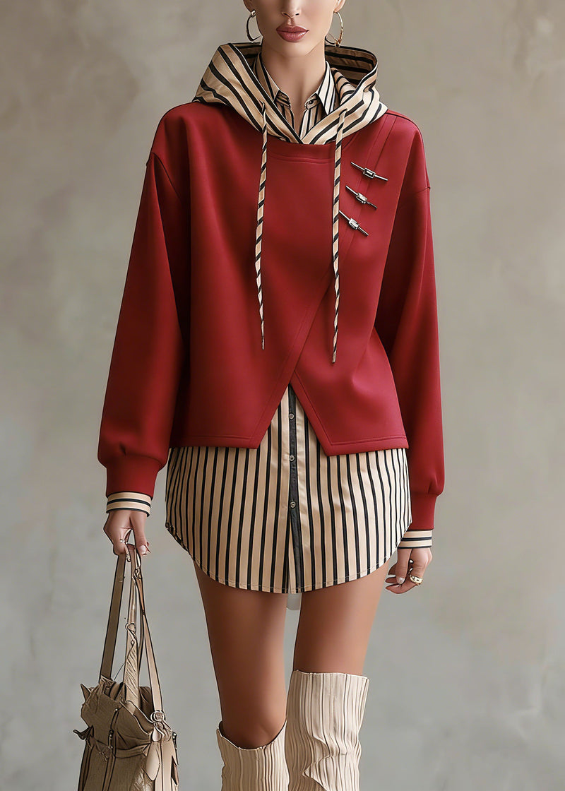 Unique Red Hooded Patchwork False Two Pieces Cotton Top Fall