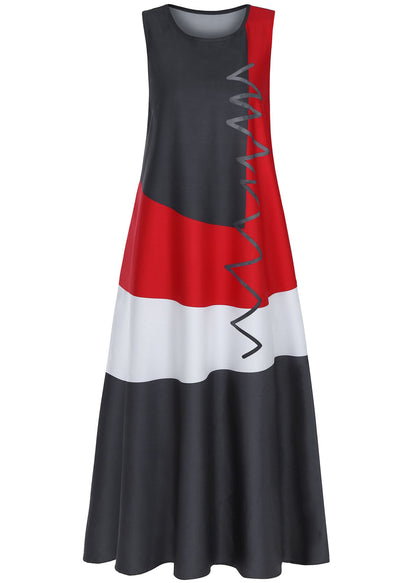 Sleeveless Patchwork O-neck Side Pocket Long Maxi Dress