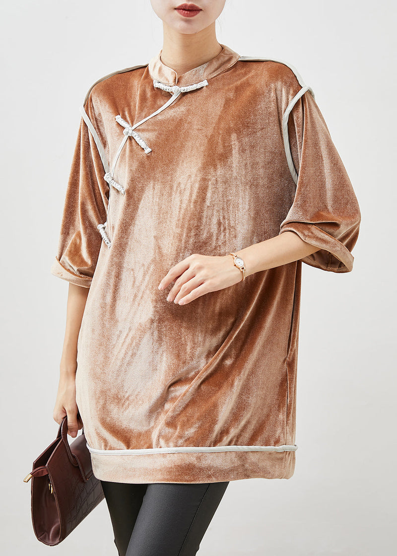 Khaki Mandarin Collar Chinese Button Silk Velour Shirt Top Half Sleeve