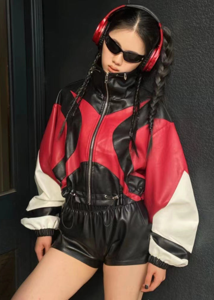 Loose Red Drawstring Patchwork Faux Leather Jacket Fall