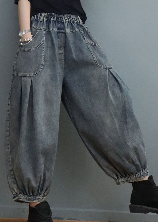 Blue Elastic Waist Pockets Denim Pants Spring