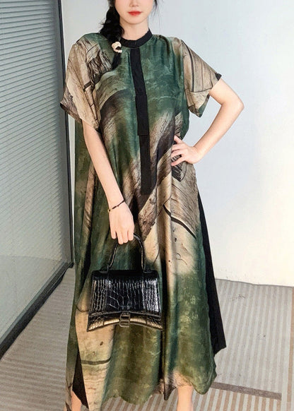 Green Print Patchwork Maxi Dresses Short Sleeve