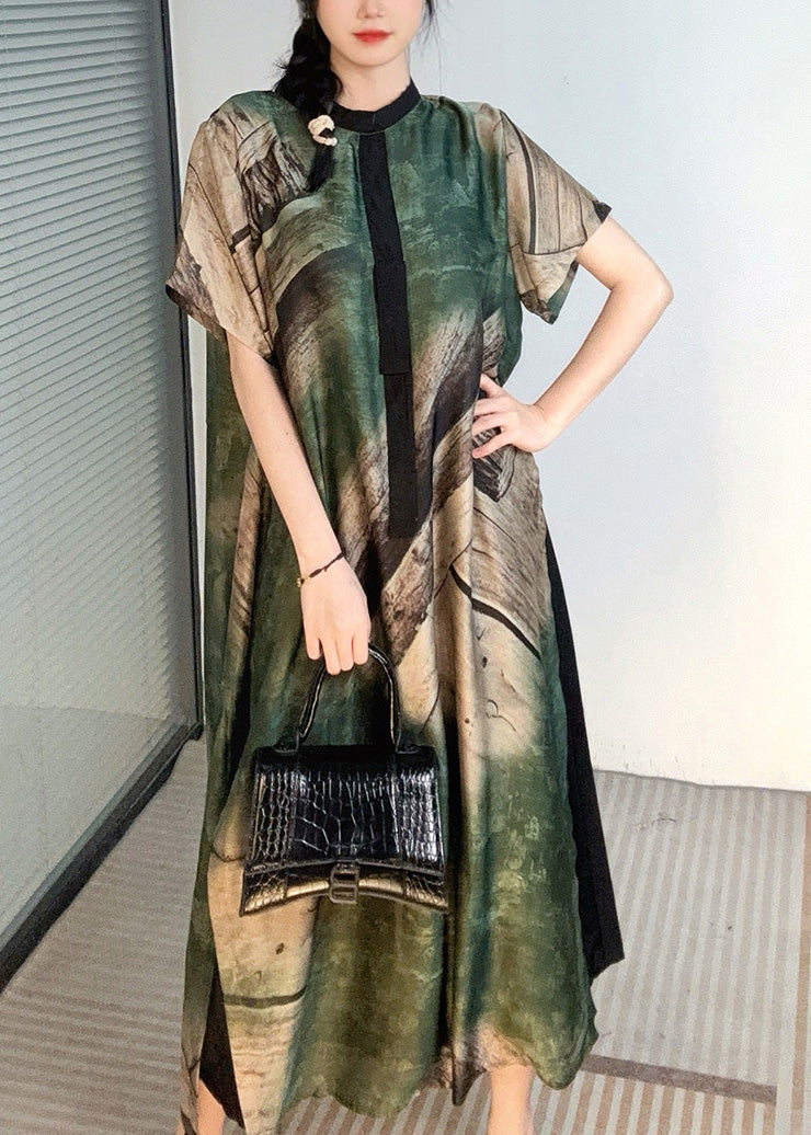 Green Print Patchwork Maxi Dresses Short Sleeve