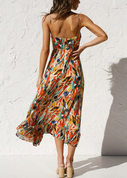 Novelty Orange Ruffled Print Cotton Spaghetti Strap Dress Sleeveless Summer