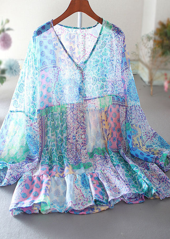 Blue Oversized Print Cotton Shirt Tops Spring