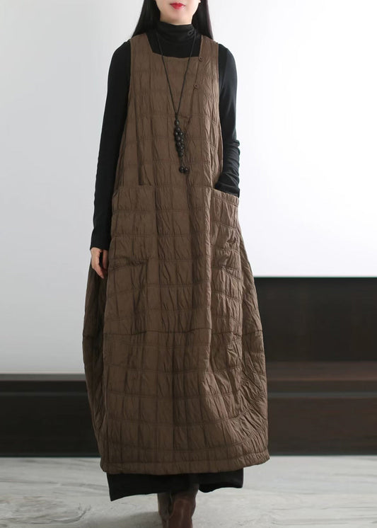 Coffee Oversized Pockets Fine Cotton Filled Long Dress Winter
