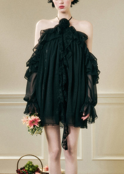 Black Ruffled Chiffon Mini Dresses Butterfly Sleeve
