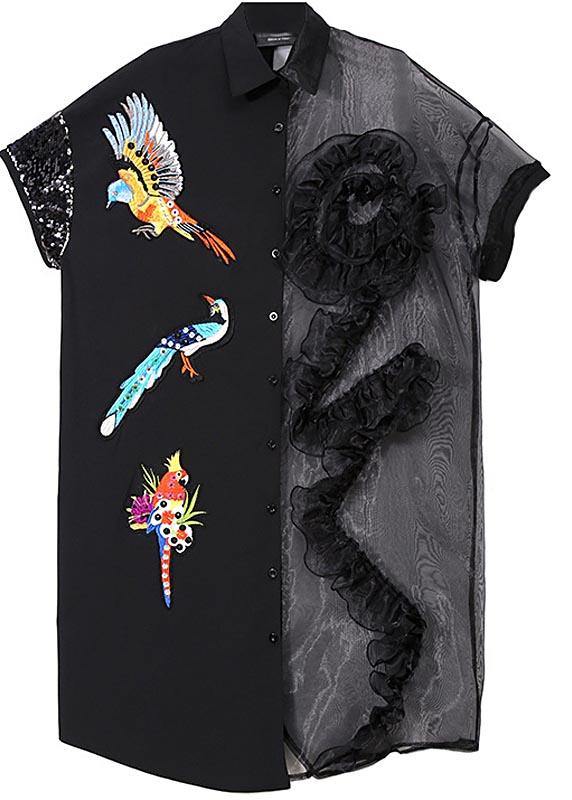 Summer Woman Black Mesh Chiffon Shirt Dresses