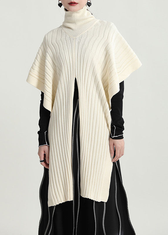 Beige Turtle Neck Side Open Knit Pullover Cloak Sleeves