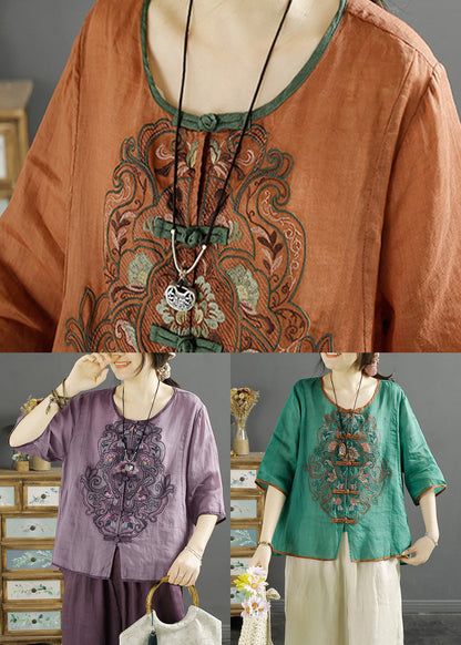 Green O-neck Embroideried Linen Shirt Top Summer