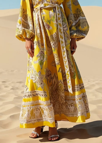 Yellow Tie Waist Print Chiffon Robe Dresses Spring