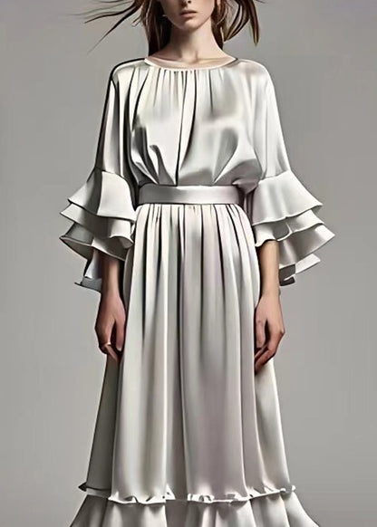 Grey Ruffled Tops and Skirts Silk Two Pieces Set Butterfly Sleeve