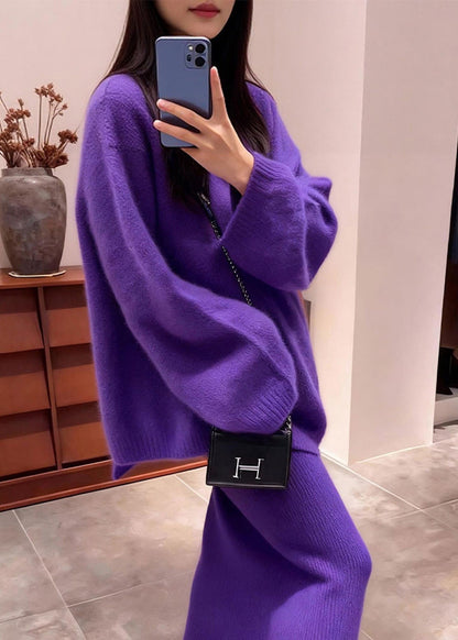 Purple Backless Bow Knit Two Piece Set Outfits Winter