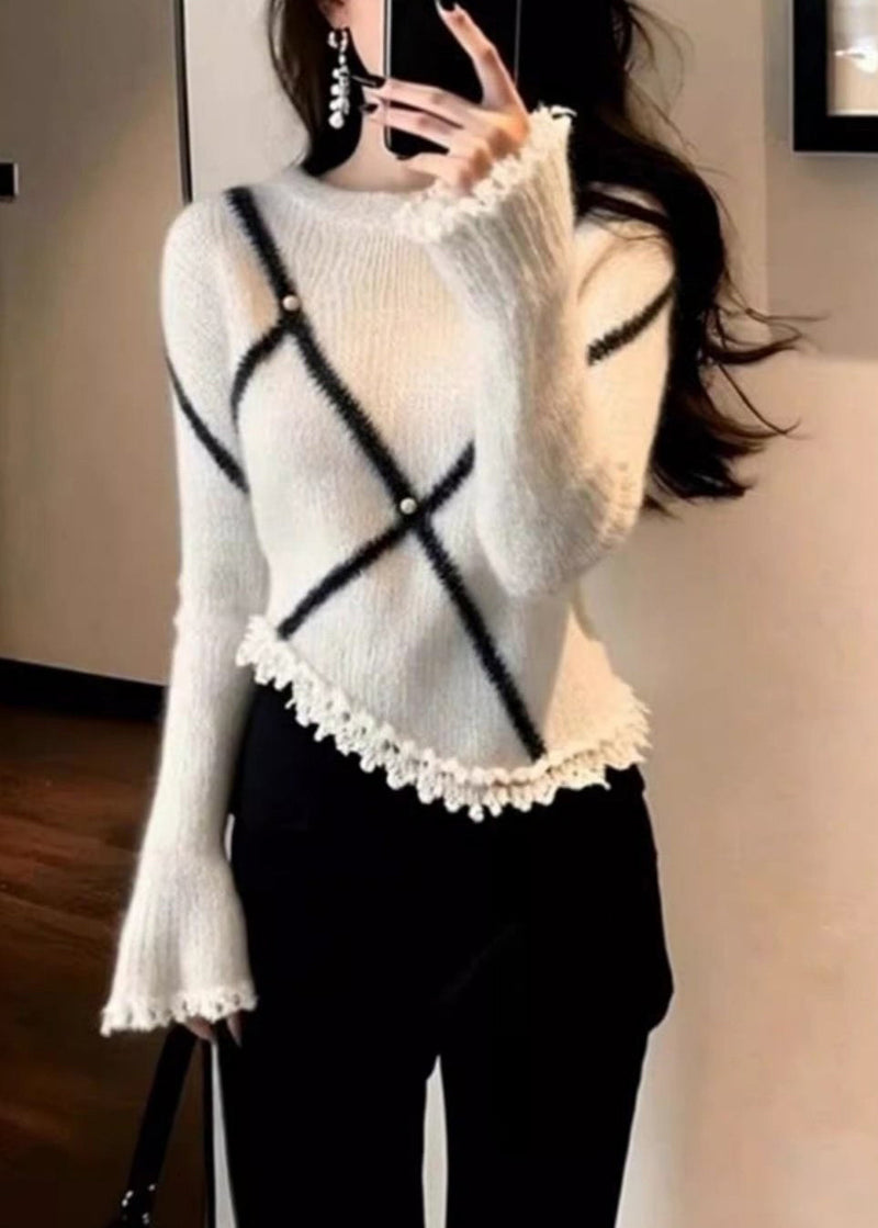 White O-neck Striped Pearl Cotton Knit Sweater Flare Sleeve