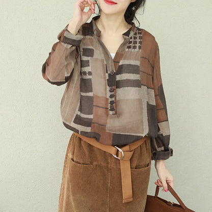 French V Neck Chiffon Shirts Photography Brown Plaid Box Shirt