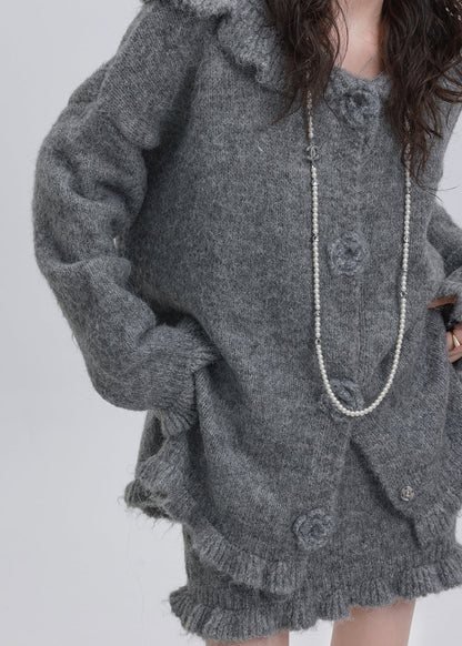 Grey Cotton Knit Hooded Cardigan and Skirts Two Pieces Set Puff Sleeve
