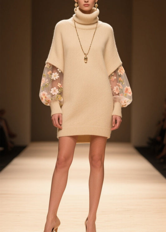 Beige Hign Neck Tulle Patchwork Knit Dress Winter
