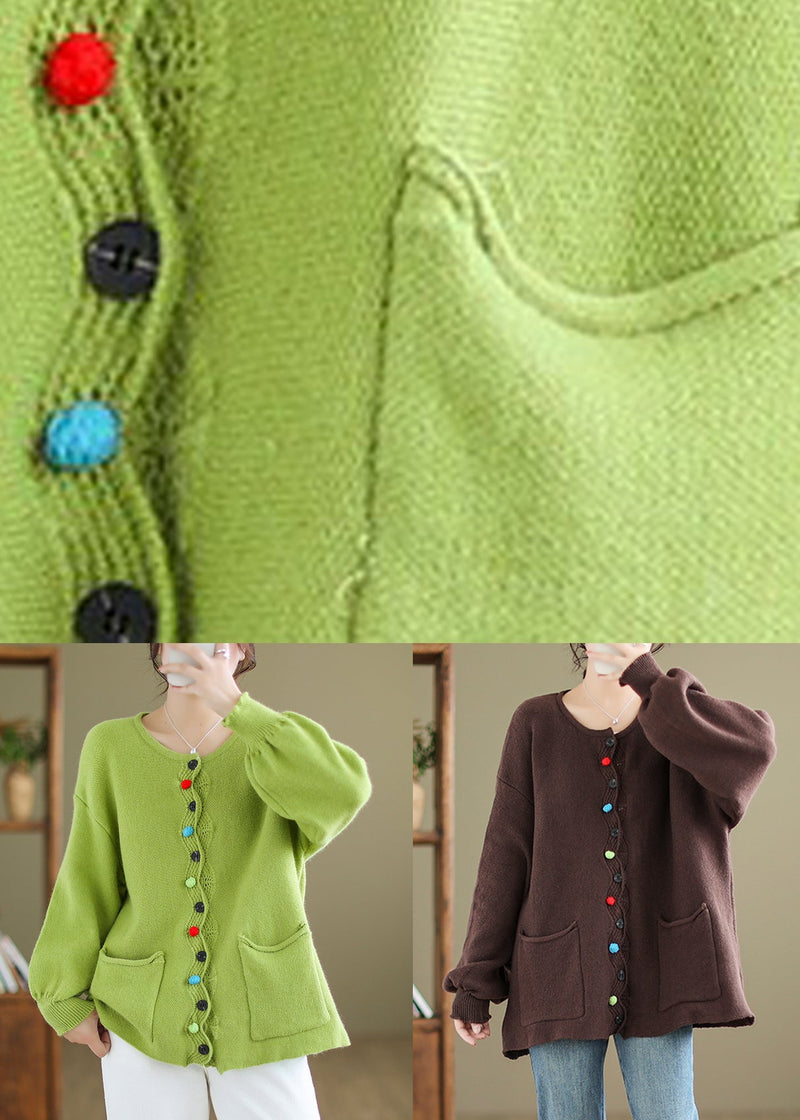 Green Button Pockets Knit Coat Long Sleeve
