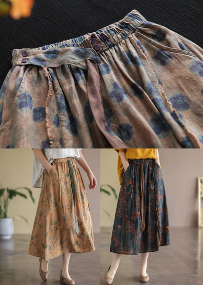 Khaki Elastic Waist Print Linen Skirt Spring