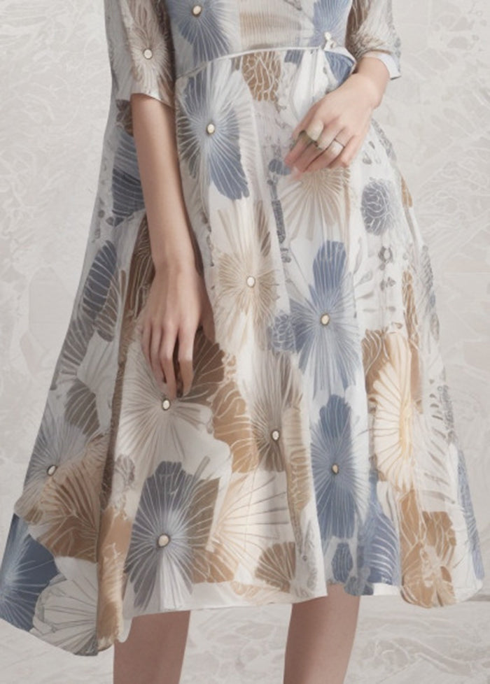 Modern Blue Grey Print Draping Silk Maxi Dresses Summer