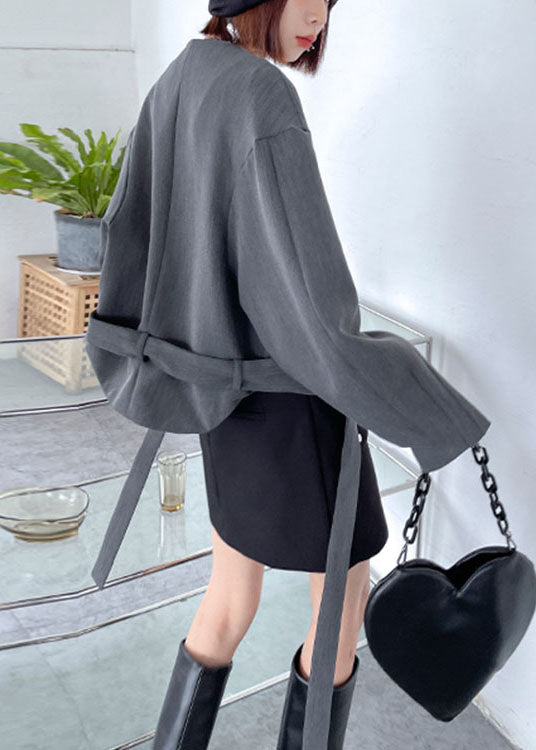 Unique Grey Loose Pockets Tie Waist Fall Long Sleeve Coat