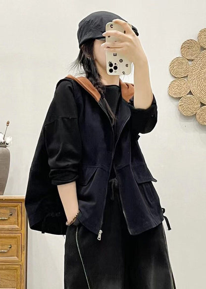 Khaki Hooded Zippered Patchwork Denim Vest Sleeveless