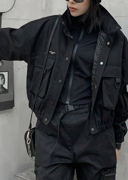 Black Stand Collar Pockets Button Jacket Long Sleeve
