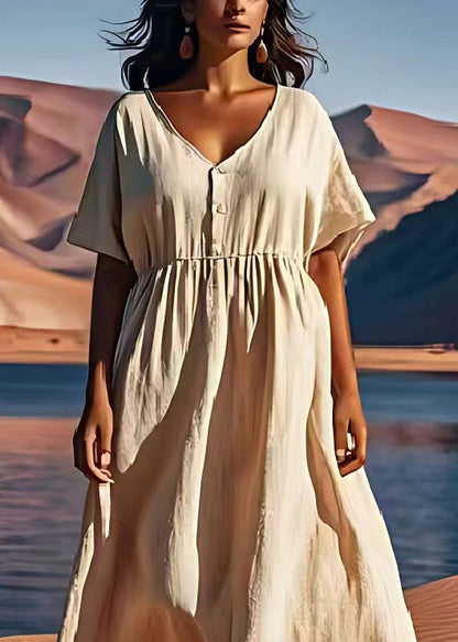 Beige V Neck Wrinkled Patchwork Linen Dress Summer