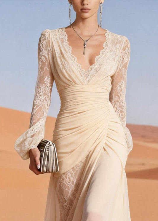 Italian Beige Lace Wrinkled Patchwork Chiffon Party Dress Spring