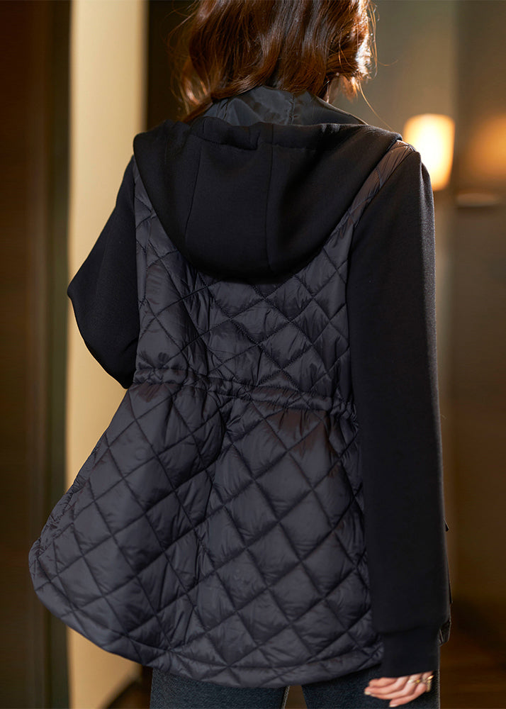Black Zippered Drawstring Patchwork Cotton Filled Coats Spring