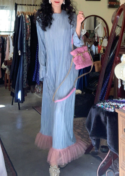 Blue O-neck Tassel Patchwork Cozy Long Dress Long Sleeve